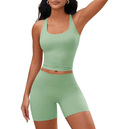 Aoysky Womens 2 Piece Workout Sets Cross Back Padded Halter Tank Tops High Waisted Biker Yoga Shorts Gym Outfits