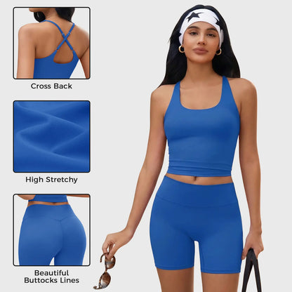 Aoysky Womens 2 Piece Workout Sets Cross Back Padded Halter Tank Tops High Waisted Biker Yoga Shorts Gym Outfits