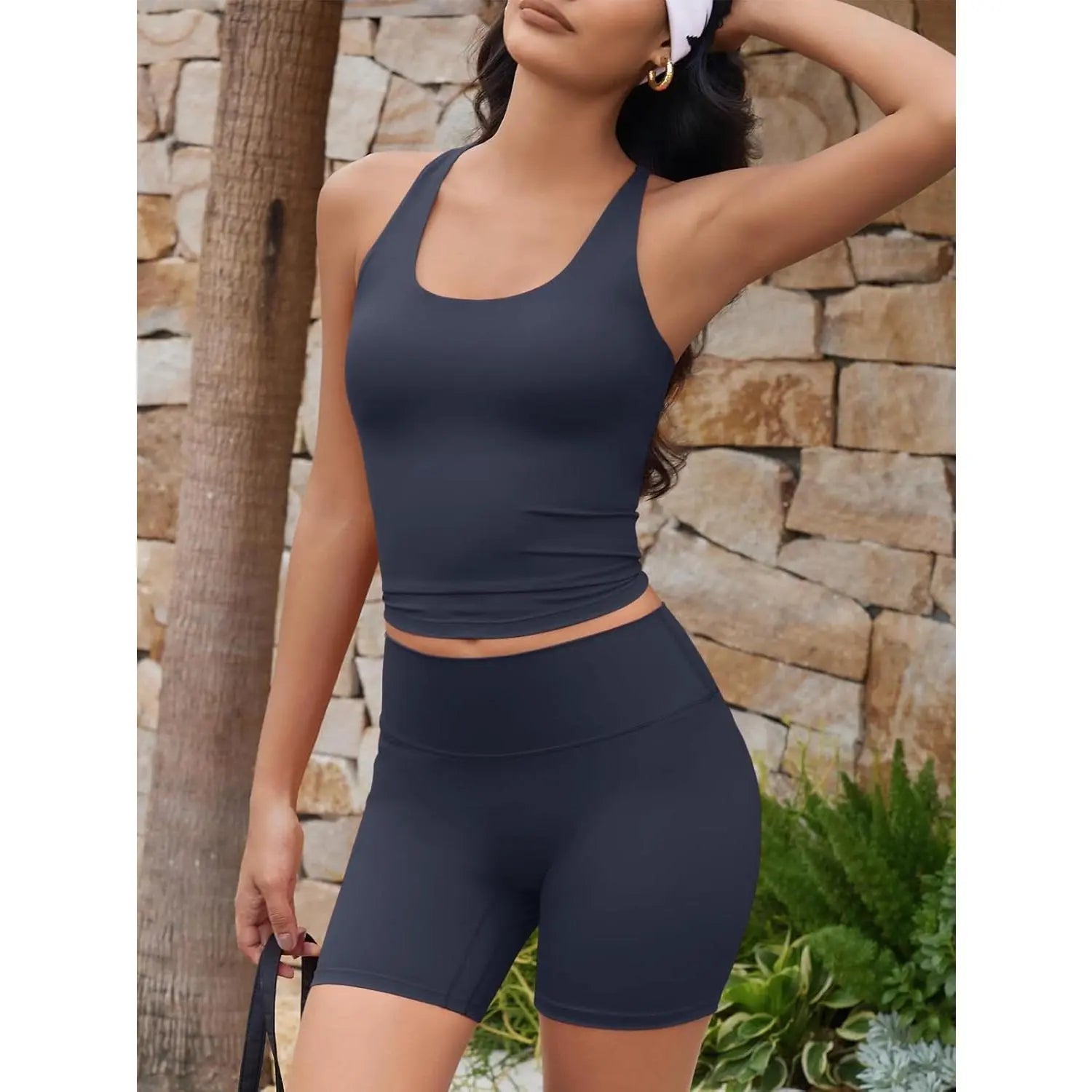 Aoysky Womens 2 Piece Workout Sets Cross Back Padded Halter Tank Tops High Waisted Biker Yoga Shorts Gym Outfits