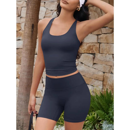 Aoysky Womens 2 Piece Workout Sets Cross Back Padded Halter Tank Tops High Waisted Biker Yoga Shorts Gym Outfits