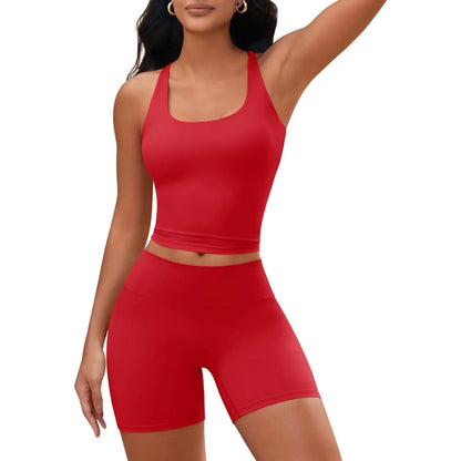 Aoysky Womens 2 Piece Workout Sets Cross Back Padded Halter Tank Tops High Waisted Biker Yoga Shorts Gym Outfits