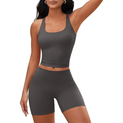 Aoysky Womens 2 Piece Workout Sets Cross Back Padded Halter Tank Tops High Waisted Biker Yoga Shorts Gym Outfits