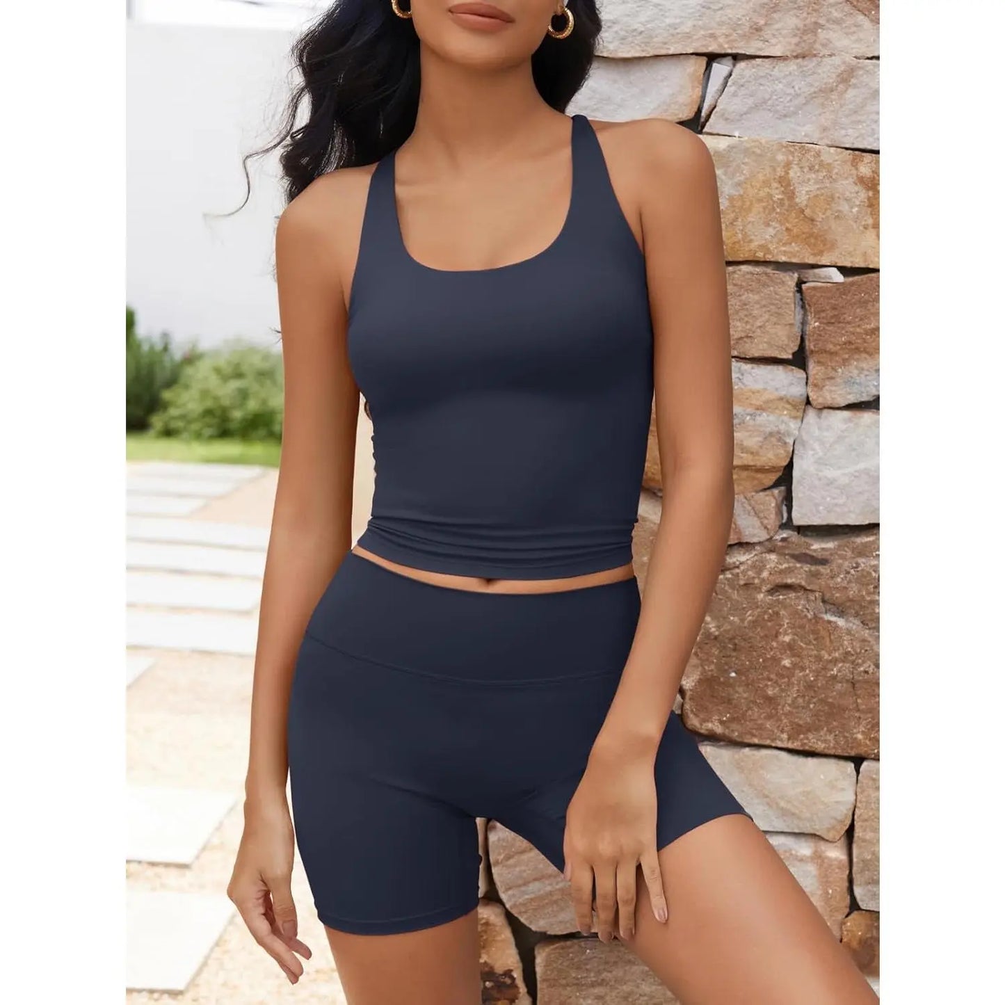 Aoysky Womens 2 Piece Workout Sets Cross Back Padded Halter Tank Tops High Waisted Biker Yoga Shorts Gym Outfits