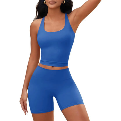 Aoysky Womens 2 Piece Workout Sets Cross Back Padded Halter Tank Tops High Waisted Biker Yoga Shorts Gym Outfits