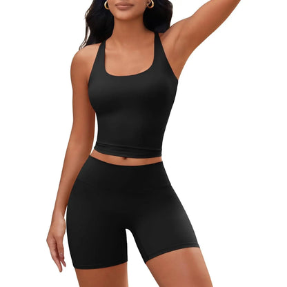 Aoysky Womens 2 Piece Workout Sets Cross Back Padded Halter Tank Tops High Waisted Biker Yoga Shorts Gym Outfits