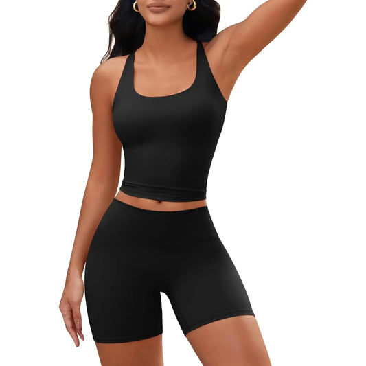 Aoysky Womens 2 Piece Workout Sets Cross Back Padded Halter Tank Tops High Waisted Biker Yoga Shorts Gym Outfits